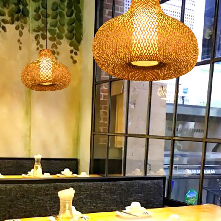 Chinese Pear-Shaped Pendant Lighting Fixtures Rattan Hanging Light with Hanging Cord for Restaurant