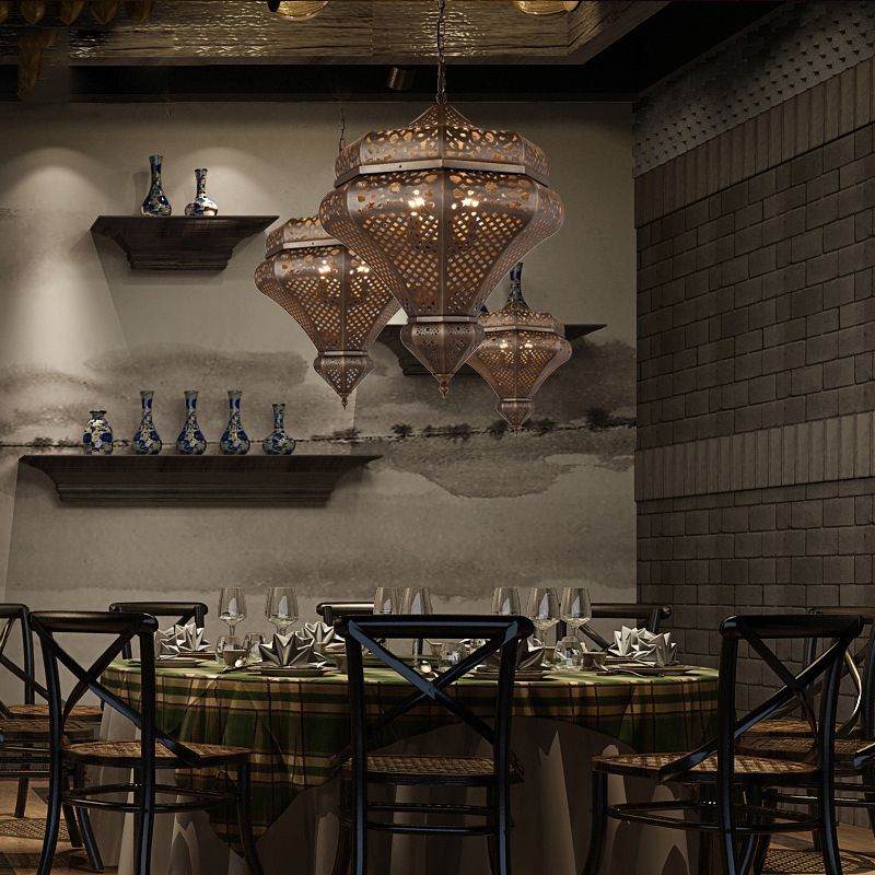 4 Lights Chandelier Lamp Retro Restaurant Pendant Light with Hollow Metal Shade in Bronze