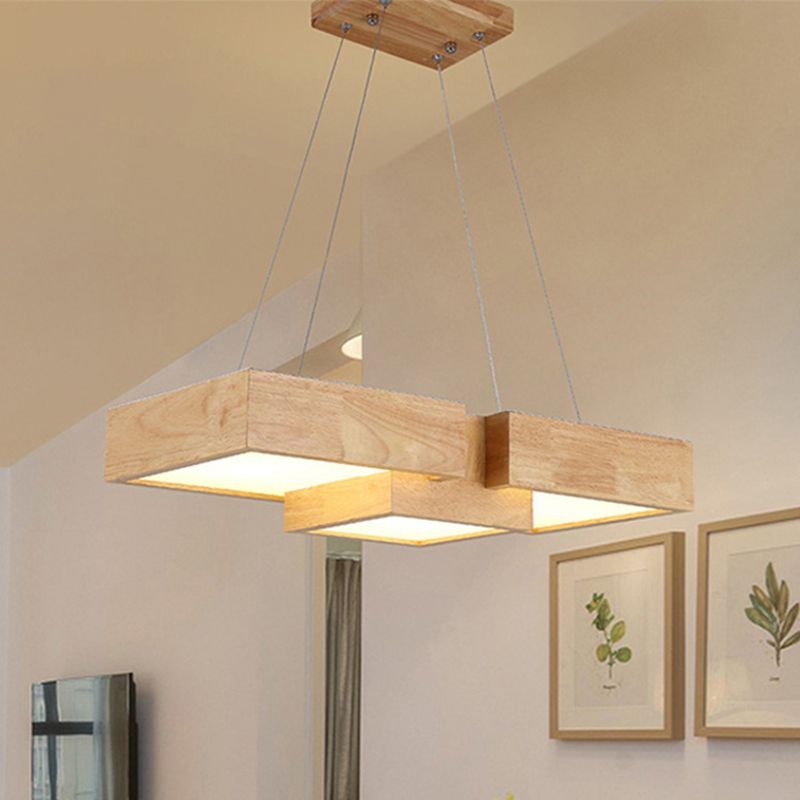 Wooden Square Island Lighting Fixture Modern Style LED Wood Hanging Ceiling Light