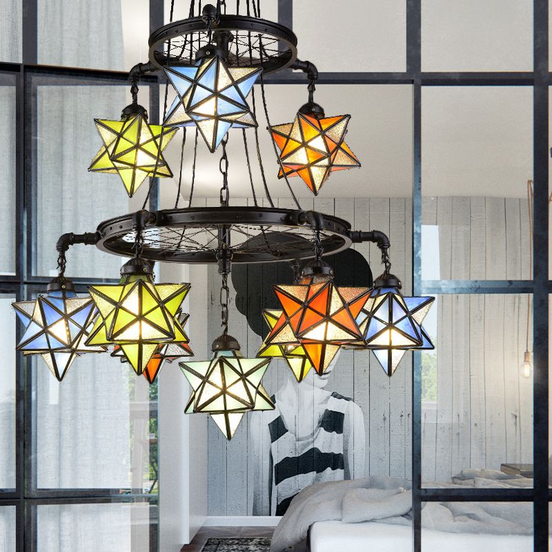 2 Tiers Star Chandelier Lamp Vintage Stained Glass Ceiling Light Fixture in Black Finish
