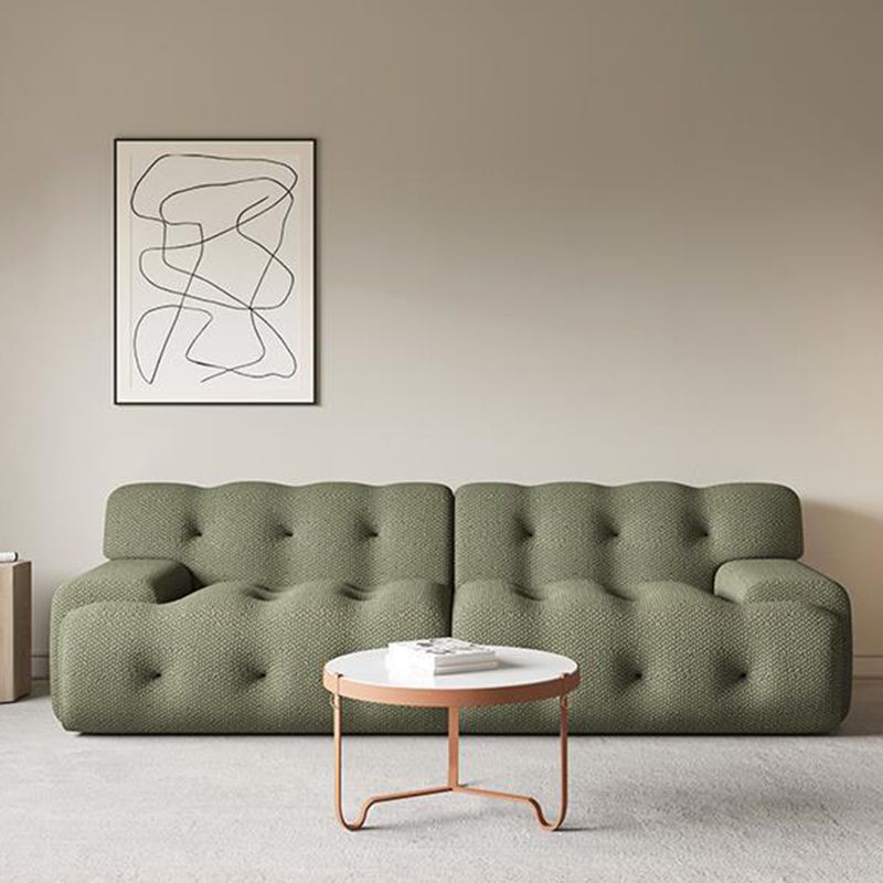 Recessed Arm Sofa Sewn Pillow Back Stationary Green Sofa for Bonus Room