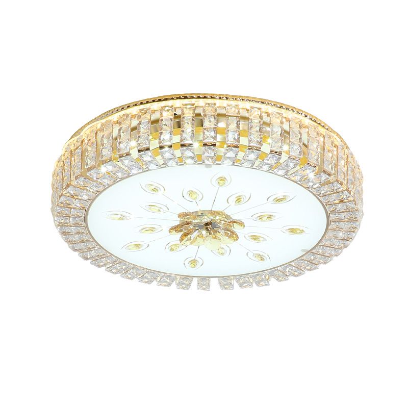 Gold Finish Drum Ceiling Mounted Lamp Modernist LED Crystal-Block Flush Lighting for Bedroom
