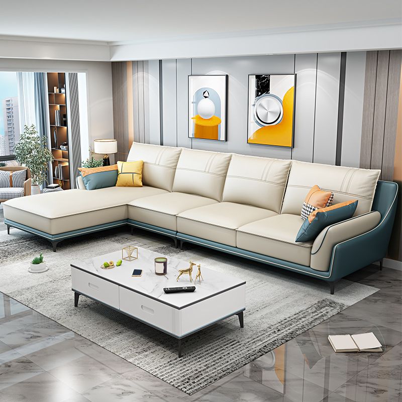 Scandinavian Faux Leather Sectional in Beige 35.43" Tall Sectional