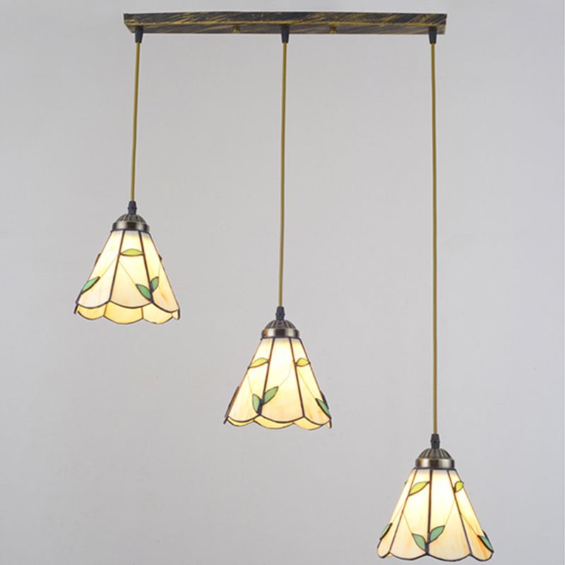Beige 3 Bulbs Cluster Pendant Tiffany Stained Glass Scalloped Suspension Lighting for Dining Room
