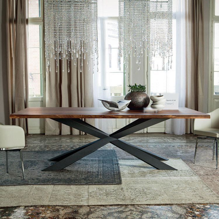 Rectangle Dining Table Brown Pine Wood Modern Pedestal Dining Table