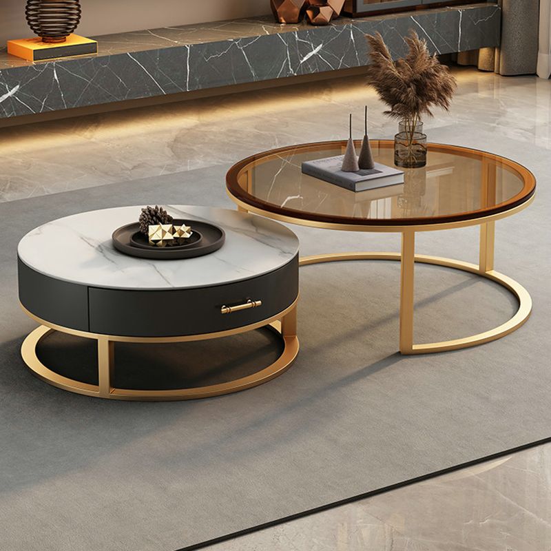 Glass Top Coffee Table Set Frame Cocktail Table with Storage Drawers