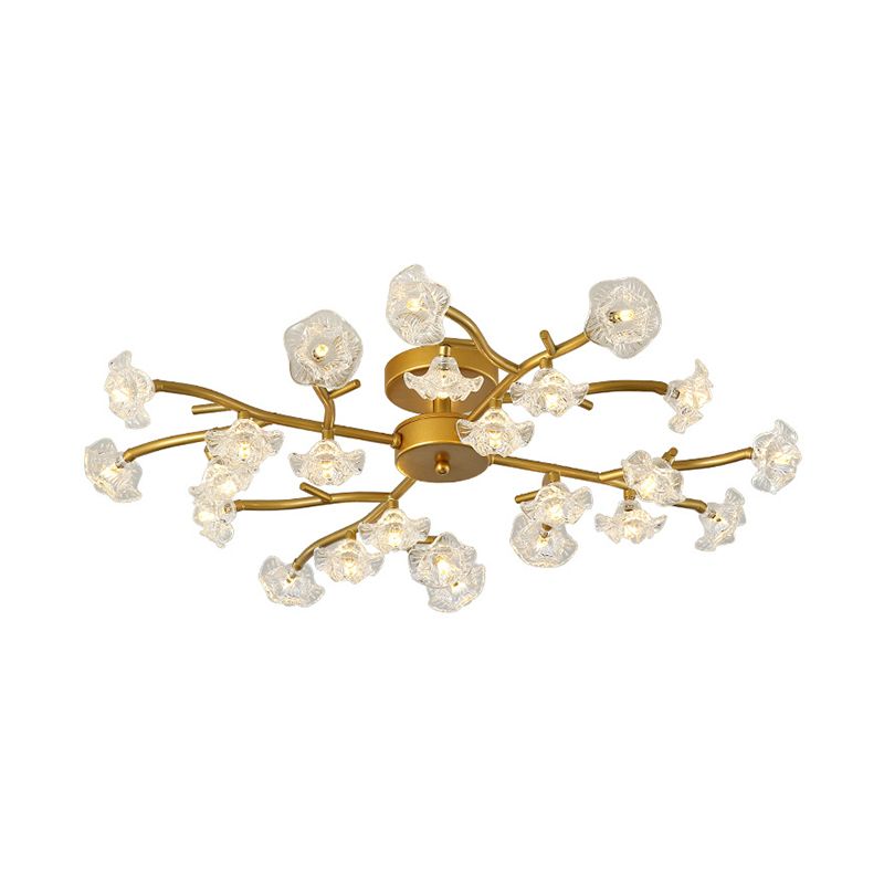 Floral Semi Flushmount Lighting Contemporary Metallic 24-Light Bedroom Flush Ceiling Lamp in Brass