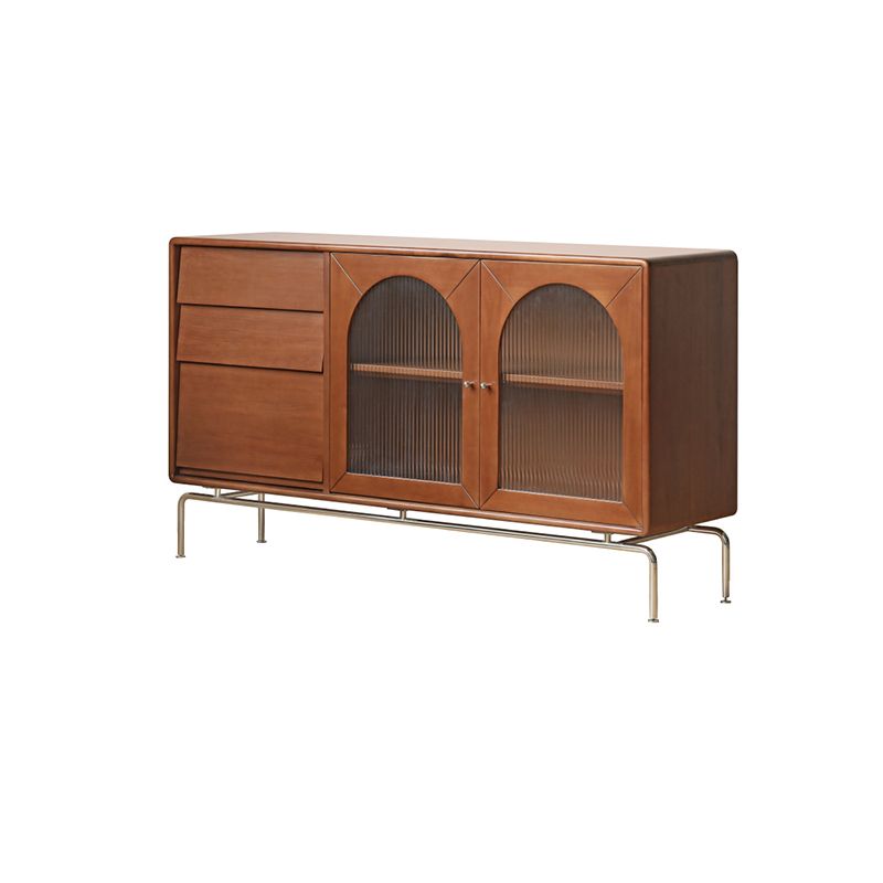 Modern Brown Solid Wood Buffet Sideboard with Glass Door and 3 Drawers