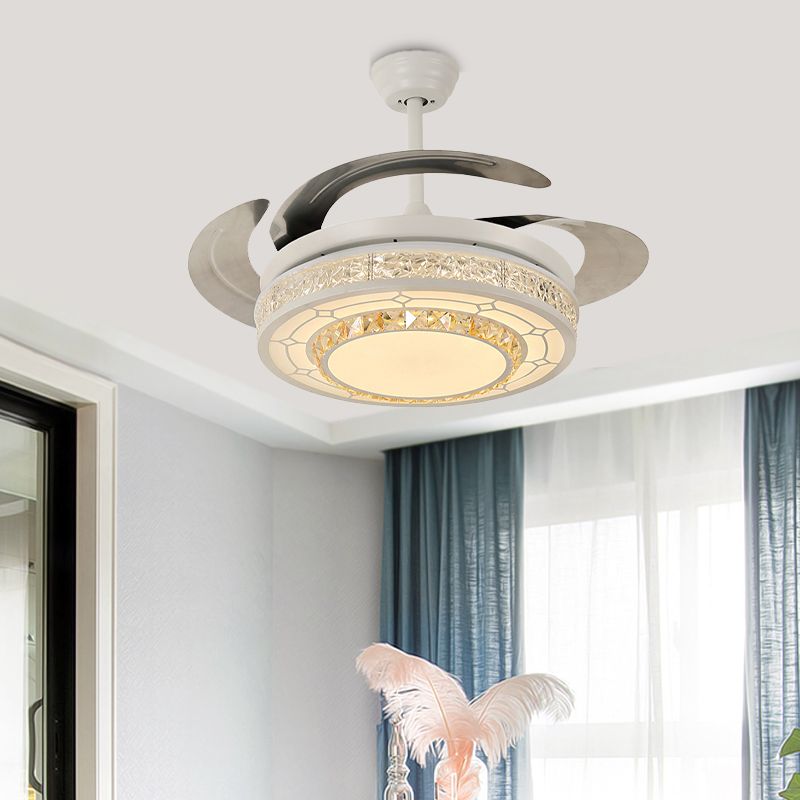 Modern Style Round Ceiling Fan Light Carved Clear Crystal White LED Semi Mount Lamp with/without Bluetooth