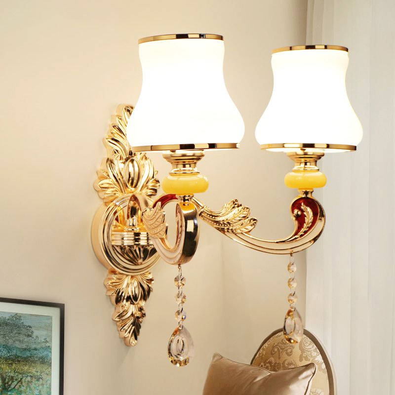 Frosted Glass Flower Wall Mount Light Traditional Corridor Wall Light Fixture with Crystal Draping in Gold