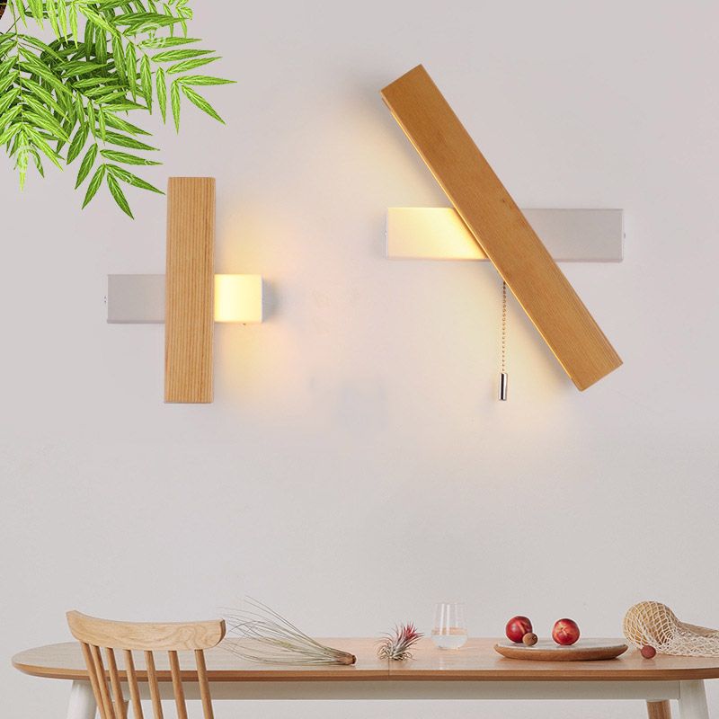 Wooden Creative Rotatable LED Wall Lamp Hand Pull Switch Design Sconce Light for Bedroom