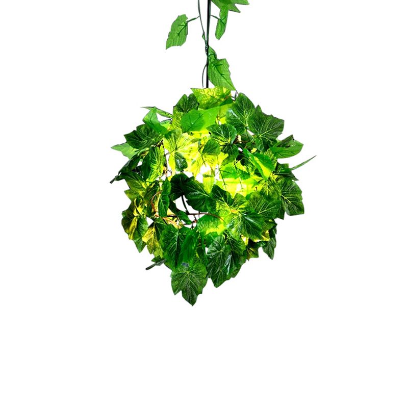 Black Single-Bulb Hanging Light Loft Iron Spherical Ceiling Pendant with Orange/Green/Light Green Art Vine