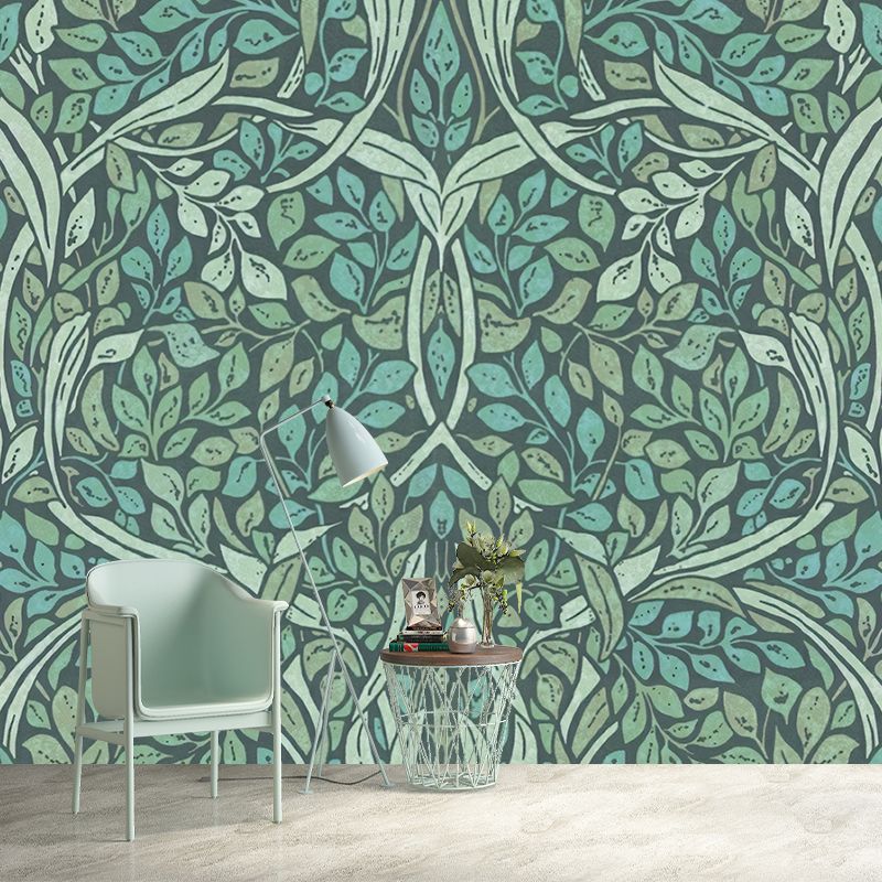 Green Leafy Mural Wallpaper Stain Resistant Tropical Living Room Wall Covering, Non-Woven