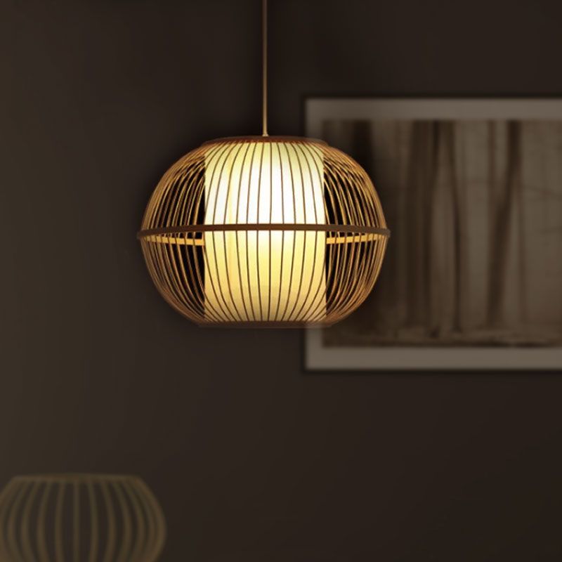 Bamboo Handmade Hanging Light Fixture Asian Style 12"/14" W 1-Light Beige Suspended Lamp with White Cylinder Inner Shade