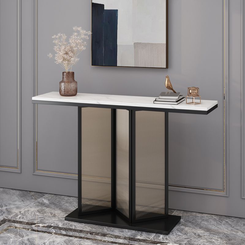 Glam Style Stone Top Console Table with Iron Pedestal Base and Glass