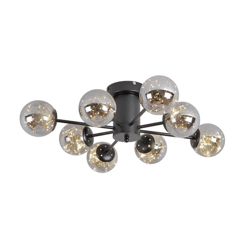 Radial Living Room Semi Flush Mount Smoke Grey Glass Contemporary Ceiling Light Fixture in Black