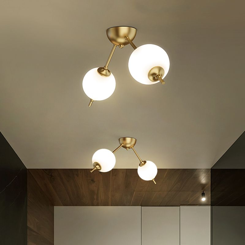 2/3 Lights Living Room Semi Flush Postmodern Brass Ceiling Mount Light with Branching Ivory Glass Shade