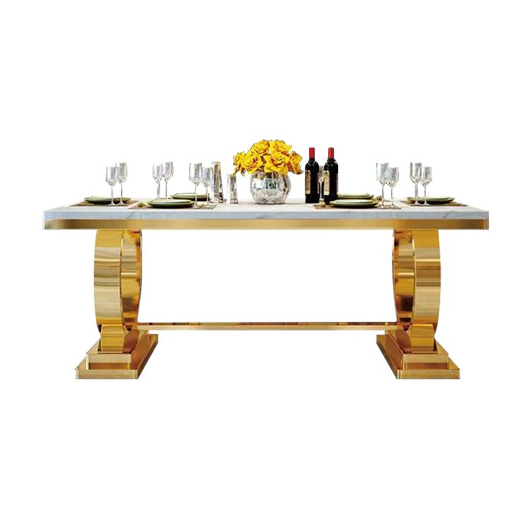 Mesa de comedor de mármol de lujo tradicional mesa rectangular con base de metal dorado