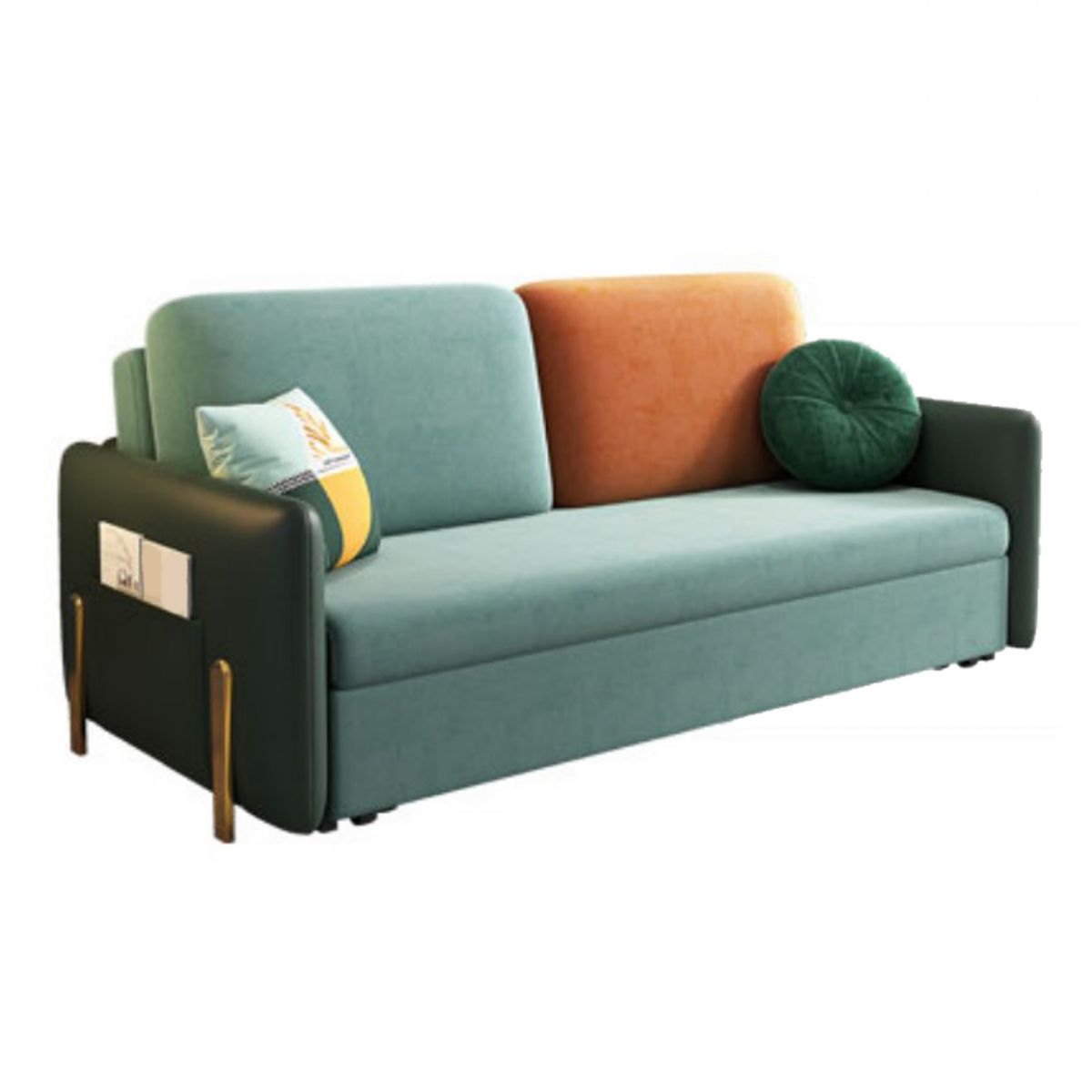 Square Arms Futon Foldable Pillow Included Green Sleeper Sofa with Storage