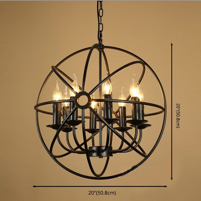 Retro Industrial Style Metal Chandelier Round Iron Frame Candlestick Hanging Light in Black