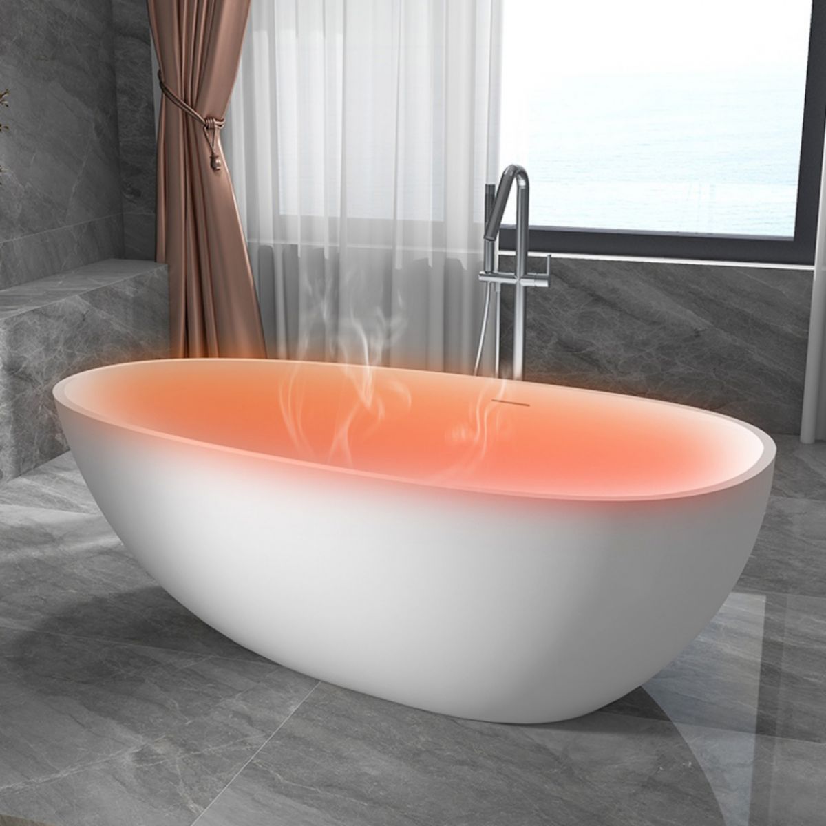 Modern Ellipse White Bathtub Stone Freestanding Soaking Bathtub with Drain Bath Tub