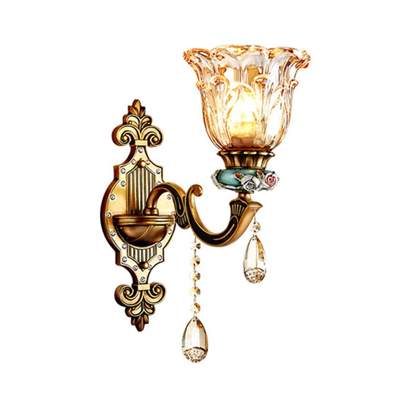 1-Head Sconce Light Fixture Simple Floral Design Crystal Prism Wall Lighting Idea in Brass