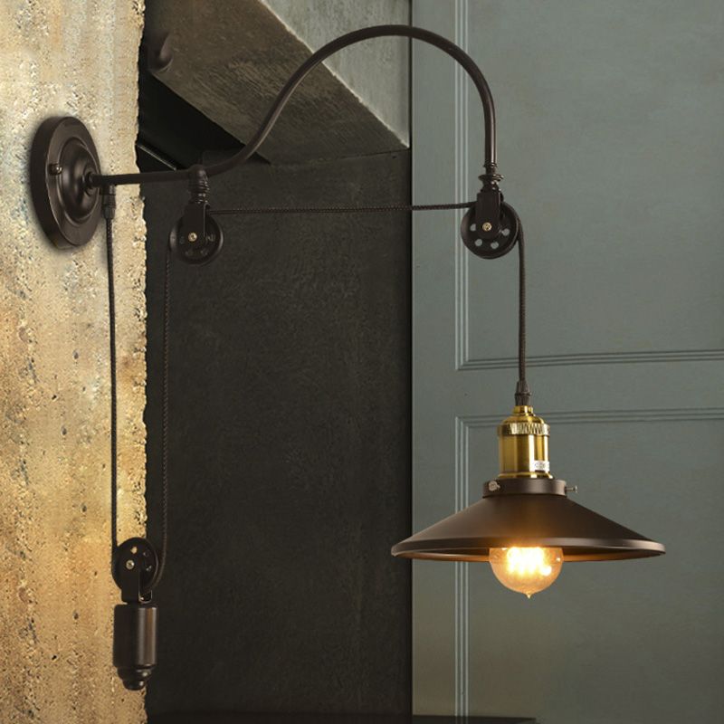 1 Bulb Flat Wall Mounted Lamp Industrial Style Black Metallic Adjustable Wall Lighting Fixture with Pulley Design