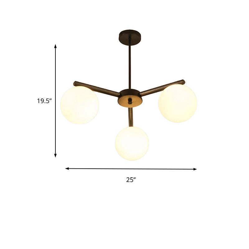 White Glass Globe Hanging Chandelier Traditional 3/6/8 Light Living Room Pendant Light in Black with Sunburst Design