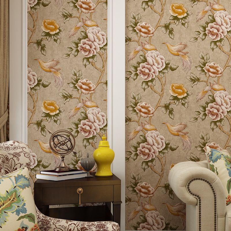 Bird and Peonies Print Wallpaper Dark Color Countryside Wall Covering for Living Room
