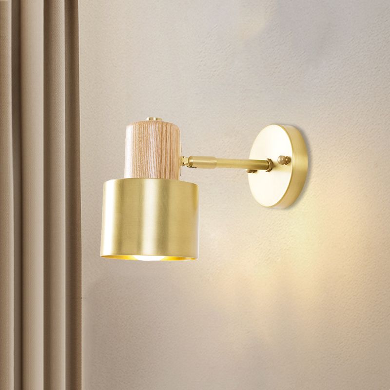 Beige/Brown Cylinder Wall Sconce Colonialism Metal 1 Light Bedroom Wall Lighting Fixture with Wooden Top