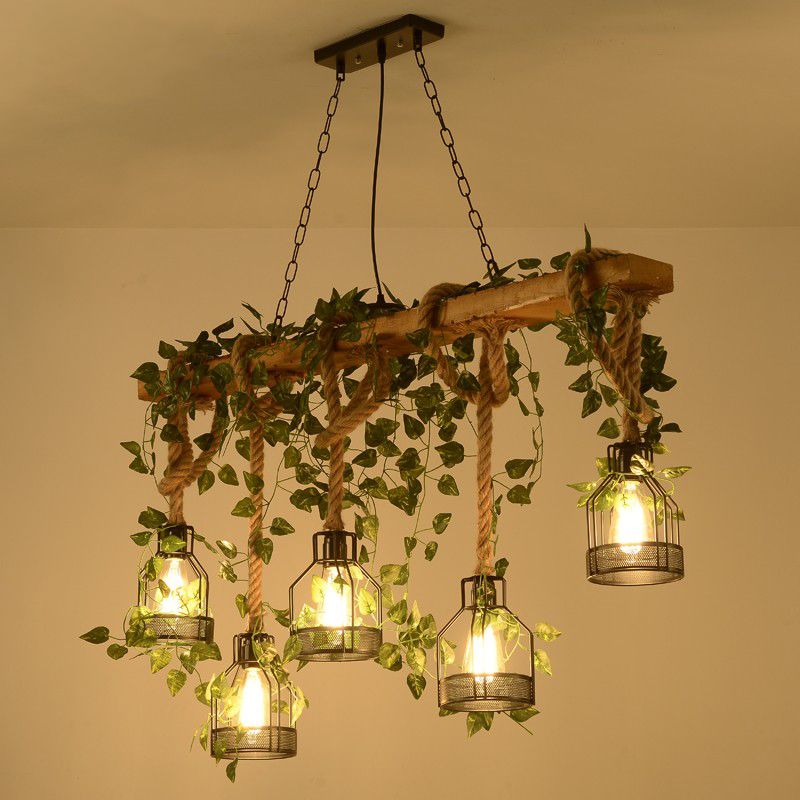 Island Pendant Light Industrial Style Linear Wood Hanging Chandelier Beige with Cage Shade