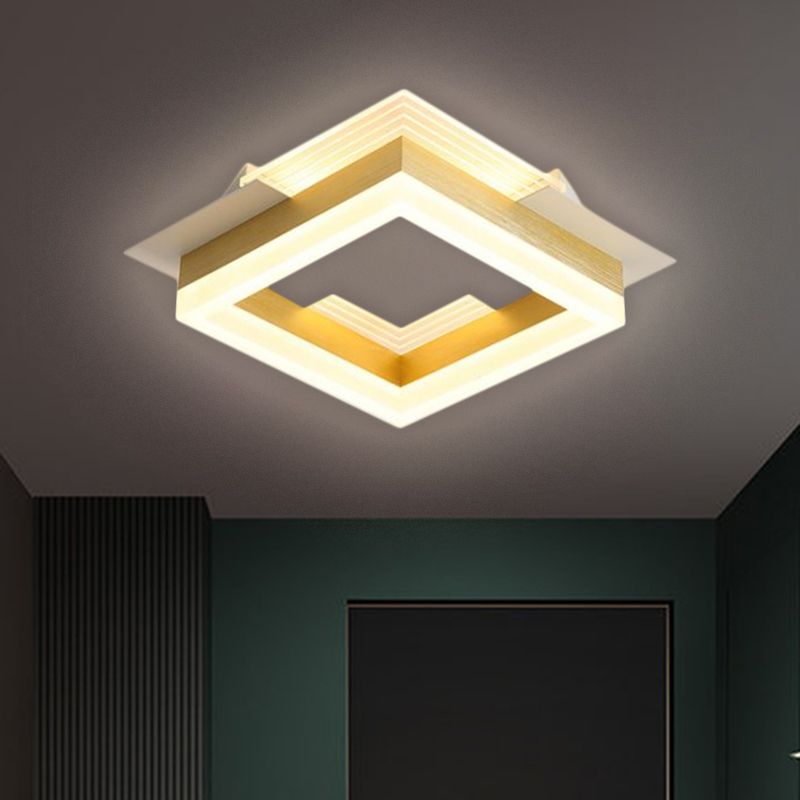 Square Staircase Flush Lamp Metallic LED Modernist Close to Ceiling Lighting in Gold, Warm/White Light