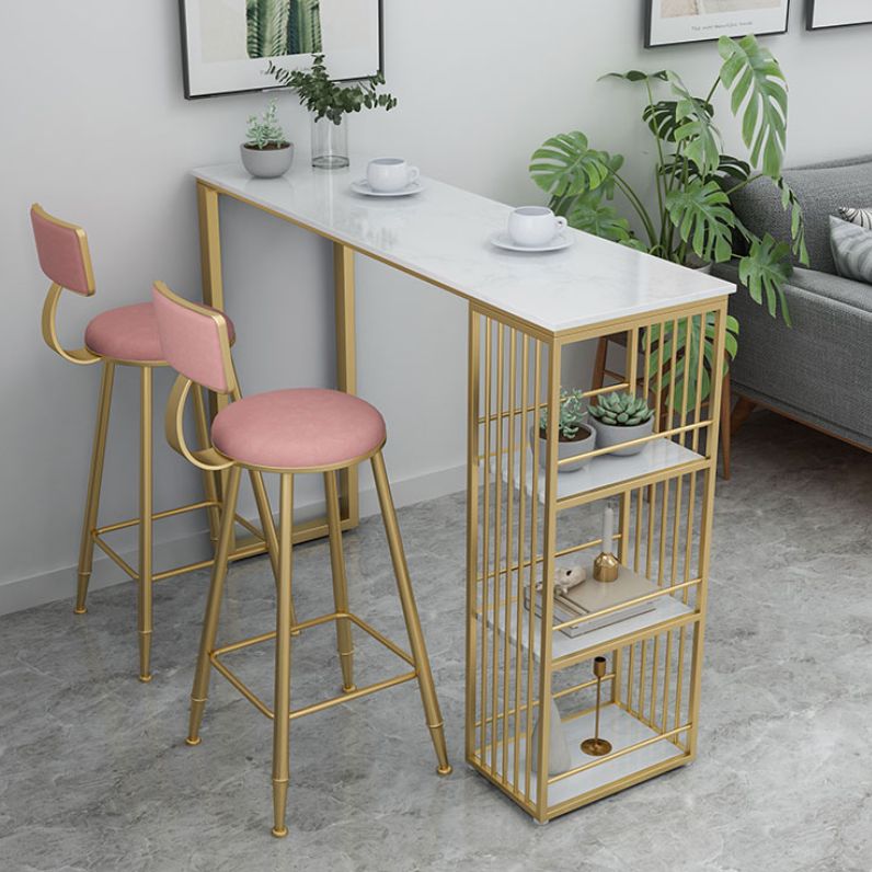 Glam White Marble Bar Dining Table Rectangle Indoor Bistro Table with Shelve