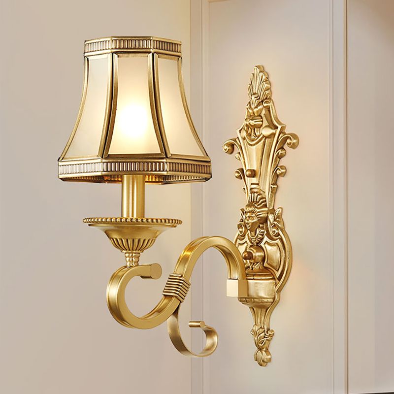 Brass Cone Wall Lamp Traditionalist Metal 1/2 Lights Bedroom Wall Mount Lighting with Beveled Glass Panel