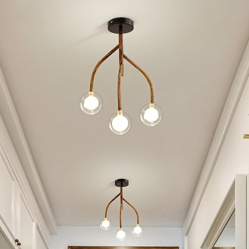 Brown en verre transparent semi-flush modo 3 têtes luminaire à chasse d'eau vintage avec conception de branche