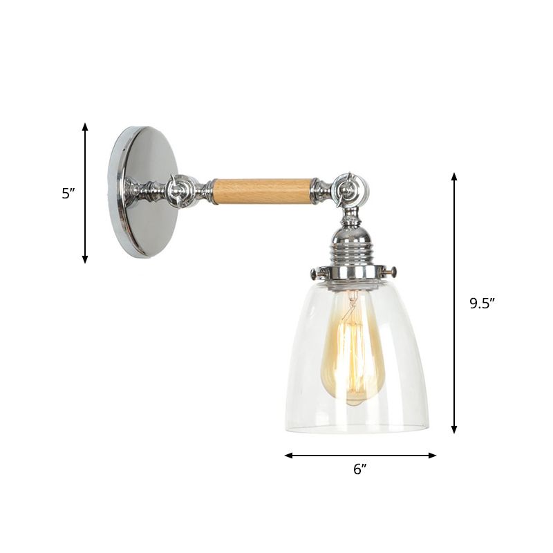 Rustic Bowl/Cone/Bell Wall Light Kit 1-Light Clear Glass Rotatable Wall Mounted Lamp in Chrome and Wood