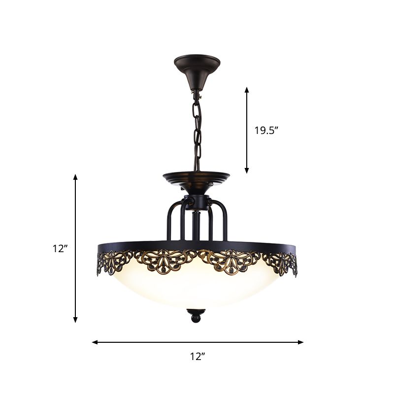 2 Bulbs Dome Hanging Chandelier Countryside Black Finish Opal Glass Pendant Light Fixture