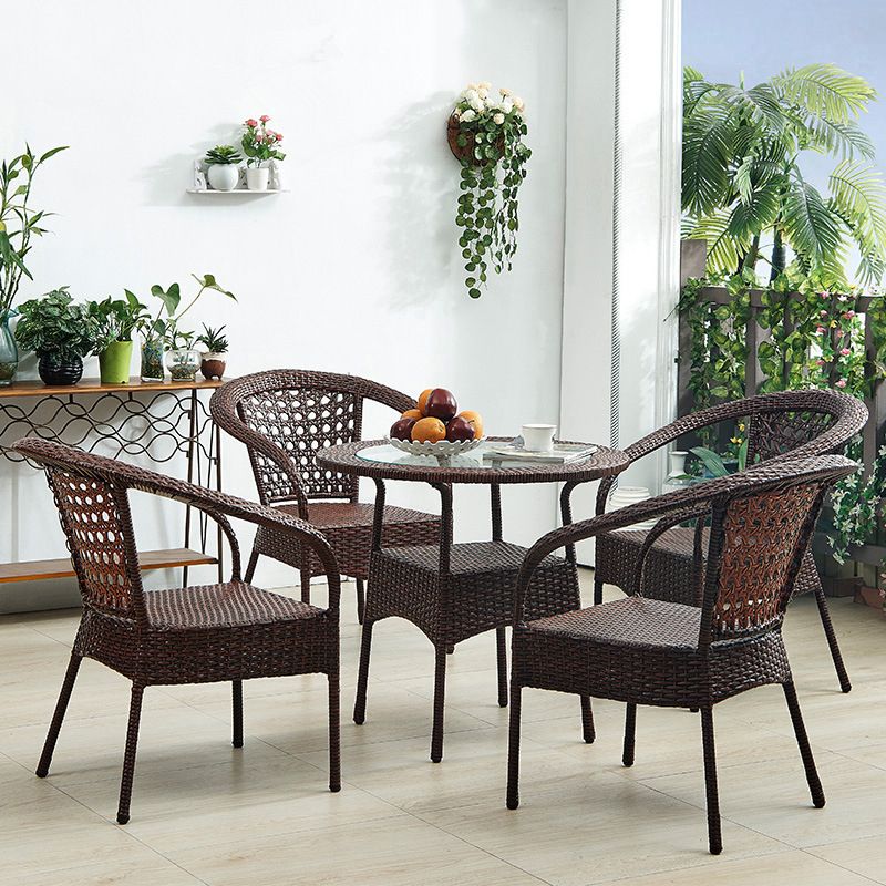 Modern Tempered Glass Outdoor Table Set 1/4/5 Pieces Dining Table with Rat Base