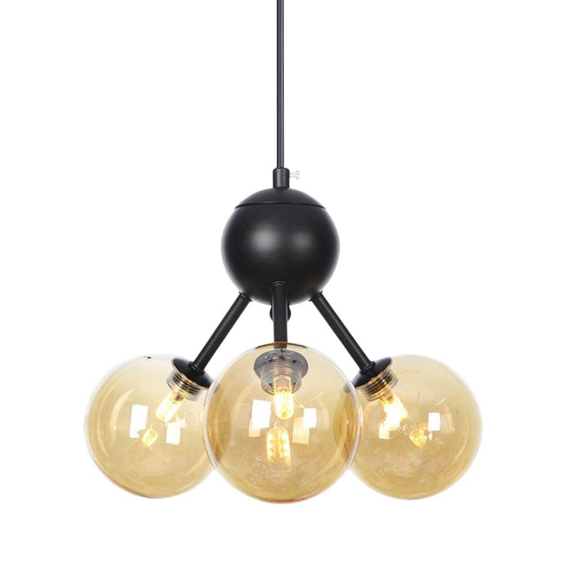 Amber Globe Globe Plafond lustre moderniste 3 têtes LED Pendent suspendu en noir