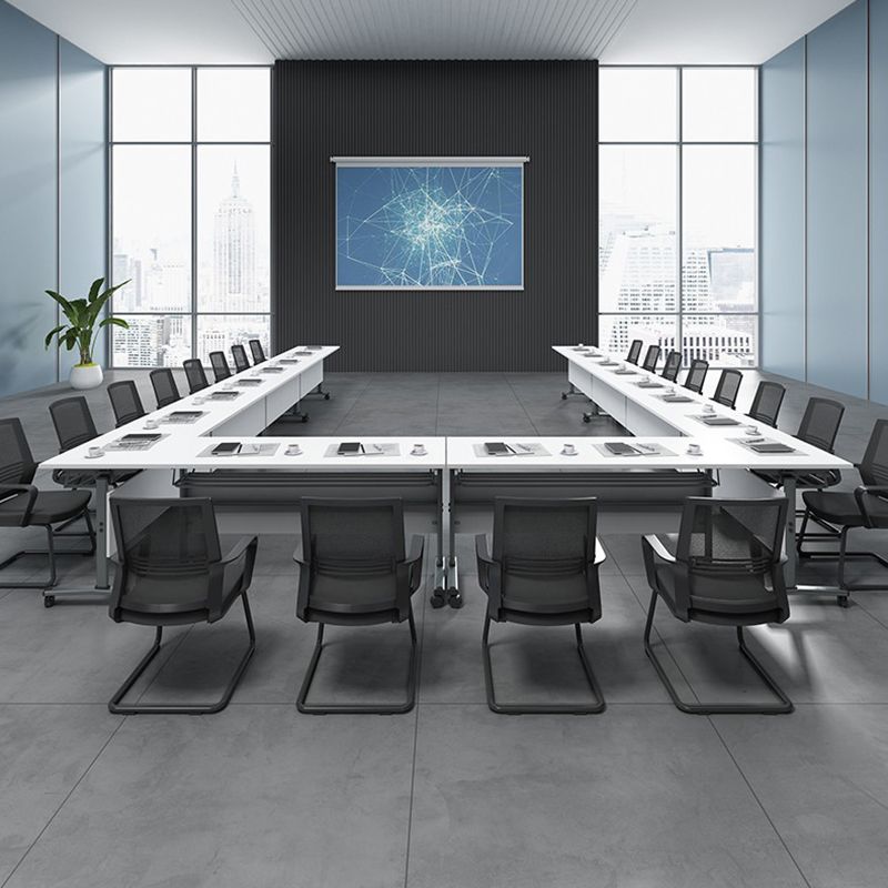 Modern Folding Writing Desk Manufactured Wood Top Grey Base Desk with Caster Wheels