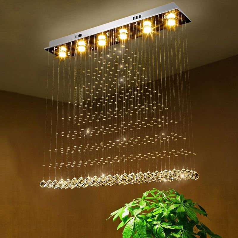 6-Bulb Triangular Flushmount Light Contemporary Stainless Steel Crystal Flush Mount Ceiling Lamp over Table