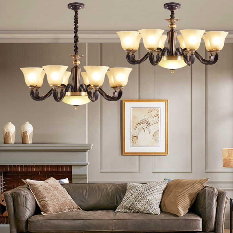 Vintage Bell Shade Pendant Chandelier White Glass Hanging Lamp Kit for Living Room