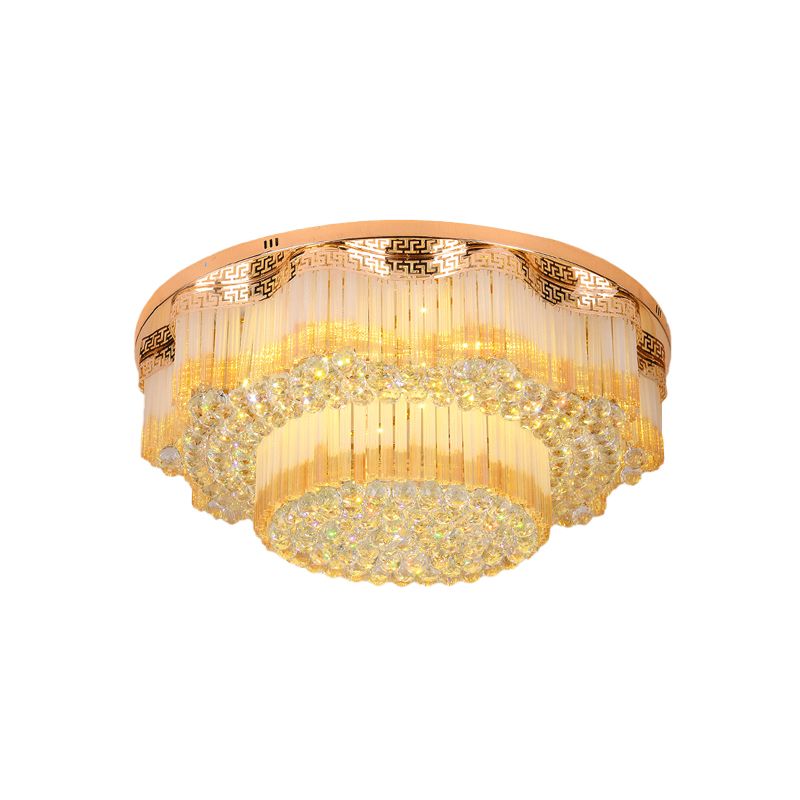 LED Flush Mount Lamp Simple 2-Tiered K9 Crystal Ceiling Light Fixture in Gold for Living Room