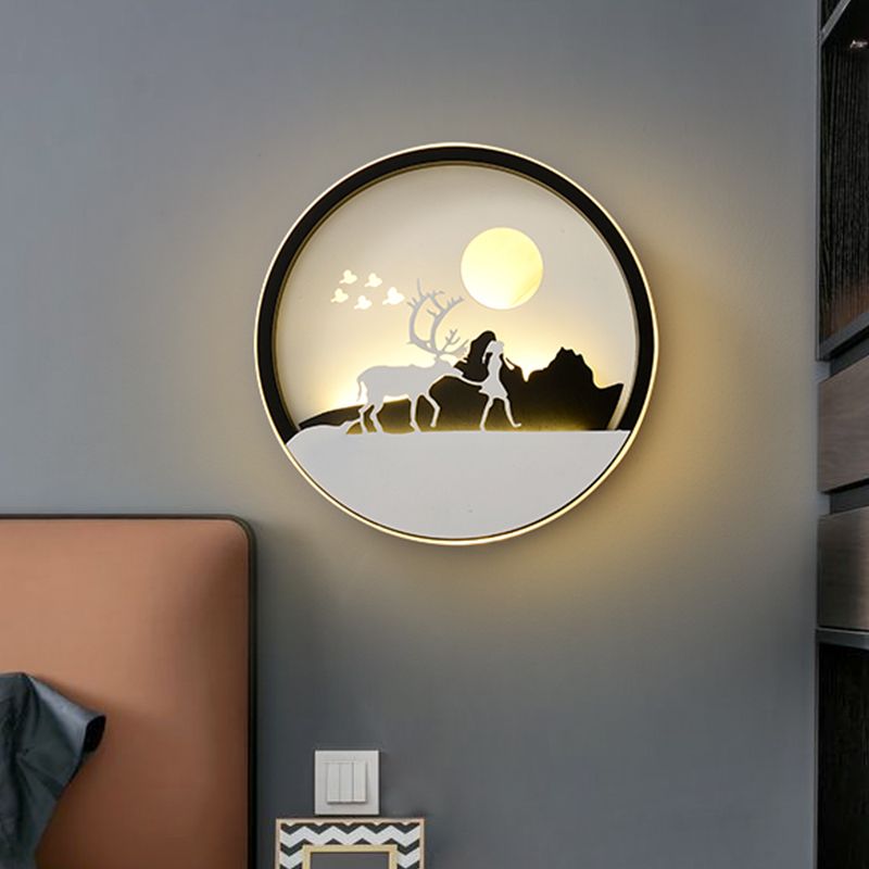 Metal Round Wall Lighting Idea Modernist LED Black Wall Lamp Sconce with Deer and Girl/Eagle/Windmill Design