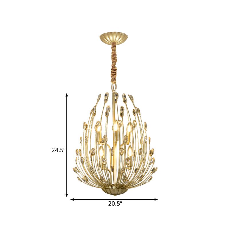Crystal Gold Hanging Chandelier Ovoid Shaped Floral Vine 6 Bulbs Retro Stylish Pendant Light