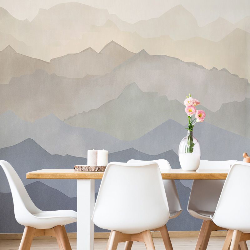 Extra Large Mountain Wall Art in Blue and Brown Non-Woven Fabric Mural Wallpaper for Home, Custom-Printed