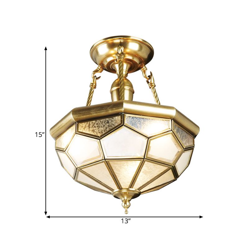 Brass 3/4 Heads Semi Flush Mount Colonialism Sandblasted Glass Dome Ceiling Fixture for Dining Room, 13"/16" W