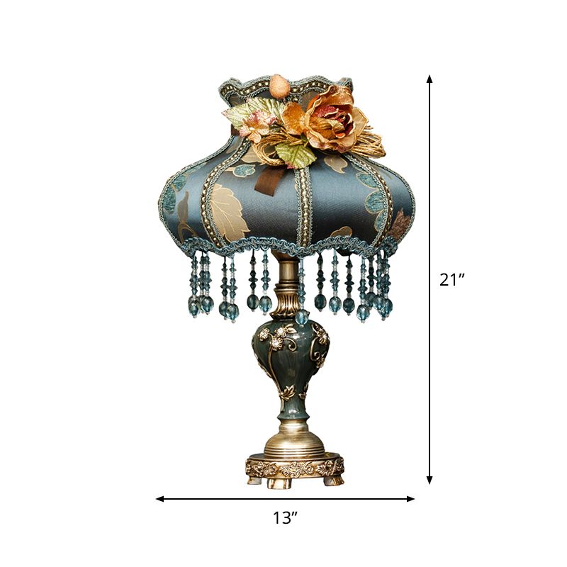 Vintage urn hars nachtlampje 1 lamp tafellamp in donkerblauw met stofschaduw en gesneden ontwerp