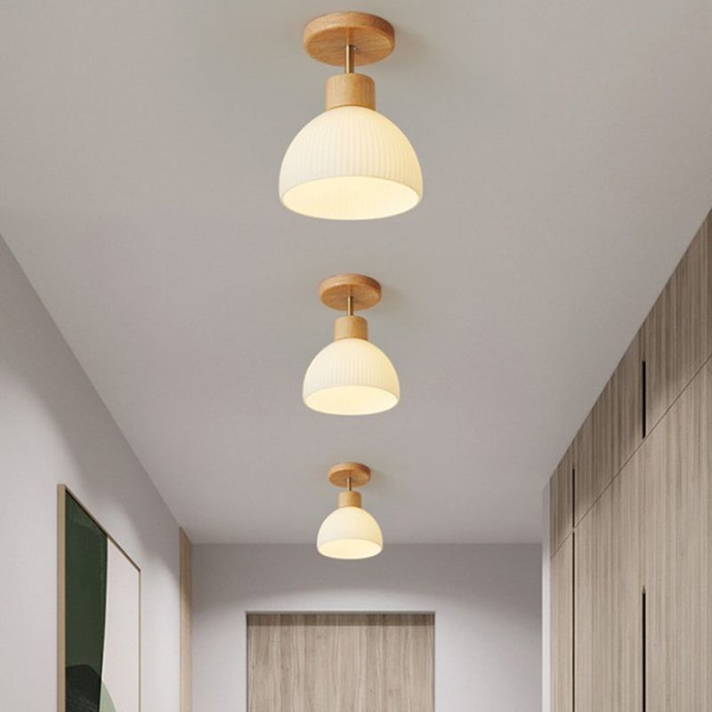 Domed Semi Flush Mount Nordic Style Wooden Beige Semi Mount Lighting