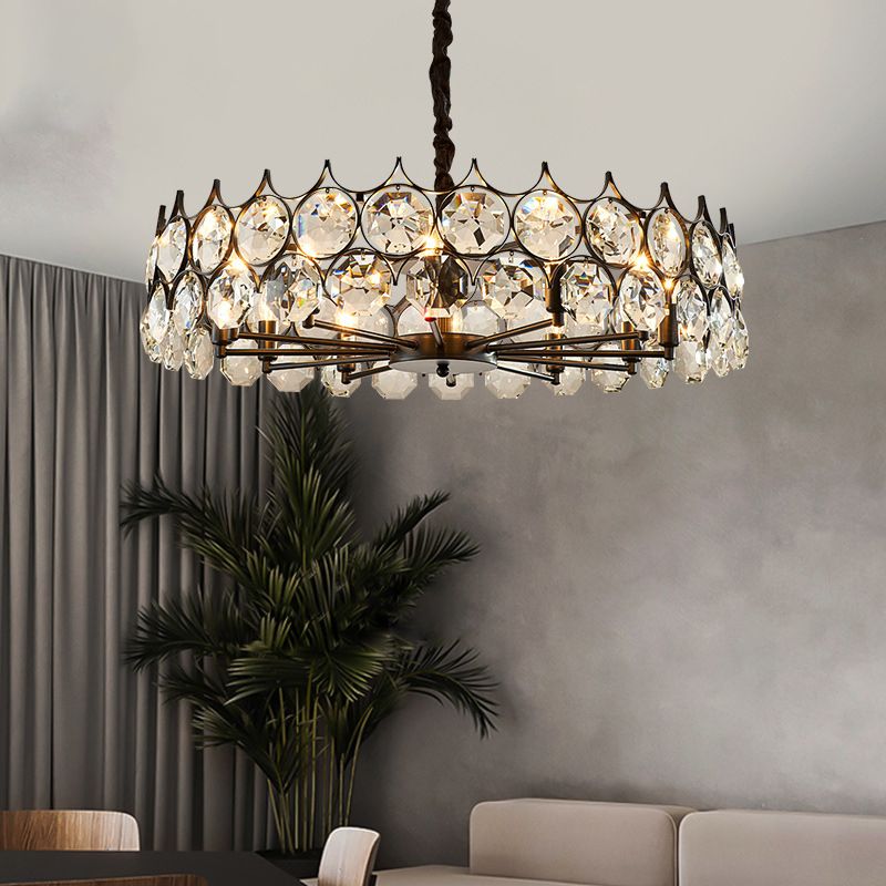 Black Circle Pendant Chandelier Country Clear Crystal Living Room Suspension Light with Sputnik Design